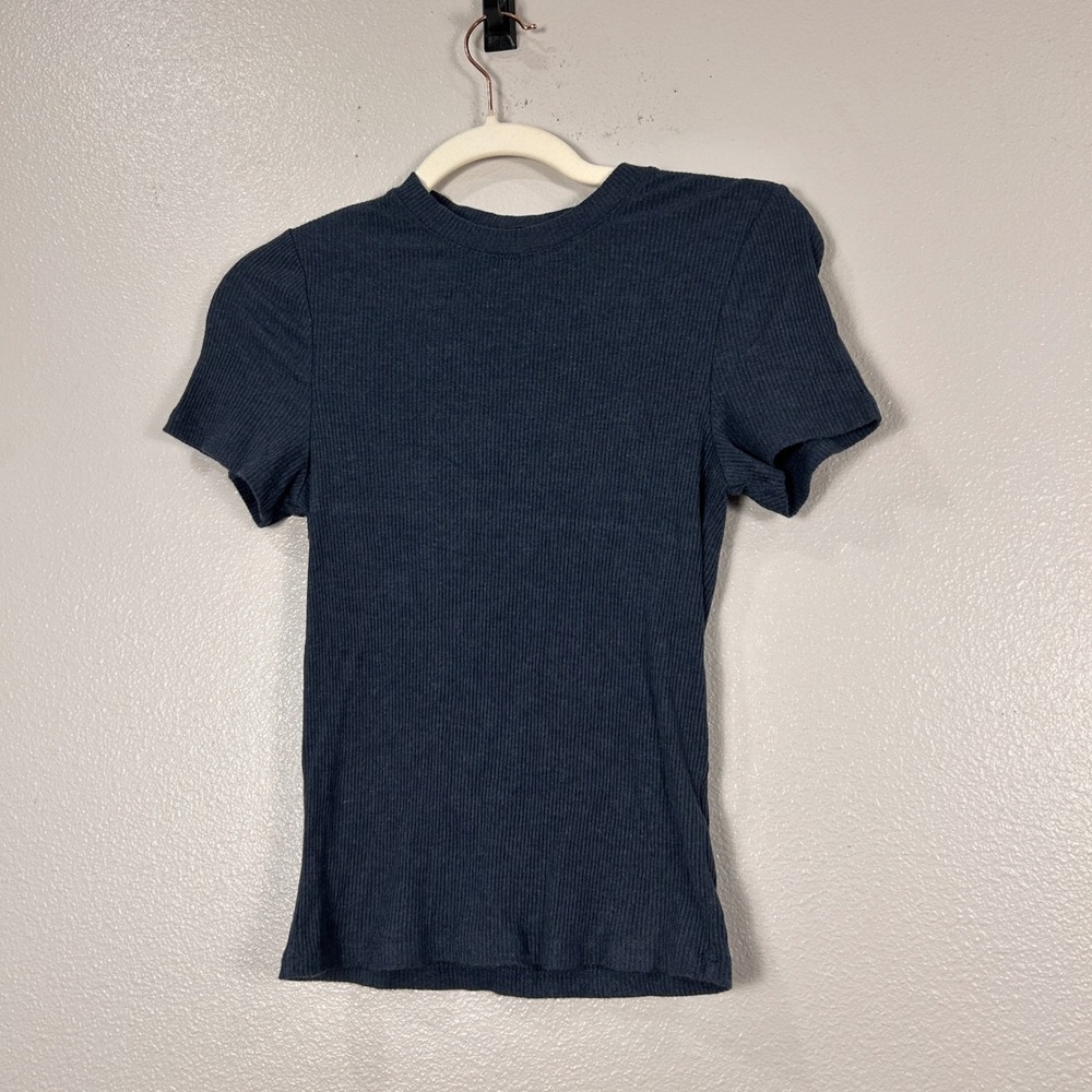 prAna‎ Womens Ribbed Short Sleeve Crew Neck Tee Navy Blue Slim Fit XS